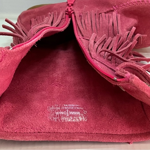 MINNETONKA Moccasin 3 Layer PINK Fringe Suede Boots Shoes Zip Girls 4 •MUST SEE• - Picture 11 of 12